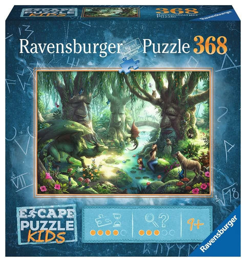 Ravensburger 368 dalių dėlionė Escape Puzzle Kids su paslaptinga miško iliustracija, rodoma ant pakuotės priekio.