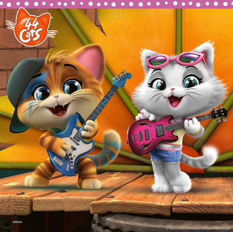Dėlionė 44 Cats su dviem grojančiais katinais scenoje, ryškiai rožinė ir mėlyna gitara, vaikams apie 100–200 detalių