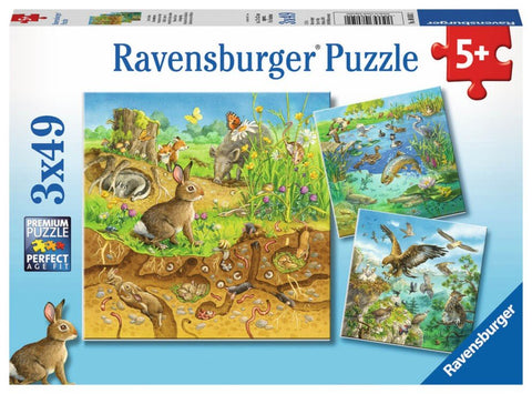 dėlionė Ravensburger 3×49 det., 5+ m., dėžutėje trys skirtingos gyvūnų scenos ir piešiniai vaikams