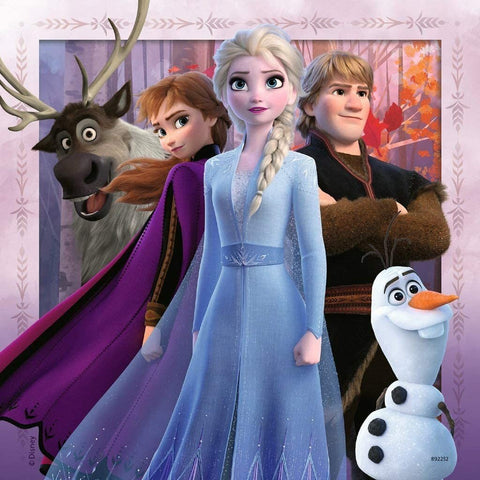 Plakatas su Disney veikėjais Elsa, Anna, Kristoff, Olaf ir Svenu, vertikalus portretas su rudens fonu ir rožiniu rėmu