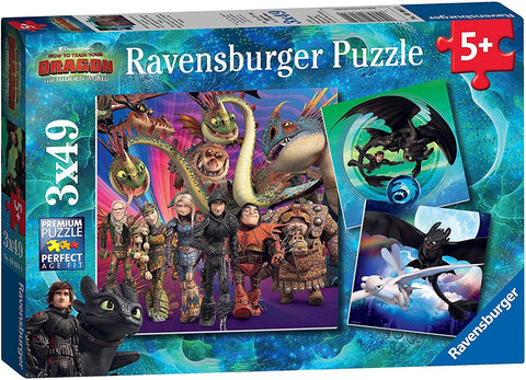 Dėlionė Ravensburger 3x49 dalys, spalvingas How to Train Your Dragon komplektas su trimis skirtingais paveikslais
