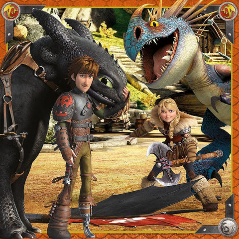 plakatas DreamWorks How to Train Your Dragon su Hiccupu, Toothless ir Astrid, kvadratinis ryškių spalvų variantas