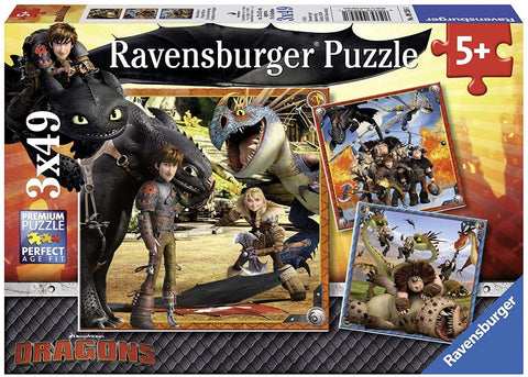 Dėlionė Ravensburger 3x49 dalių „Dragons“ su Toothless ir veikėjais, skirta 5+ vaikams, trijų variantų dėžutė