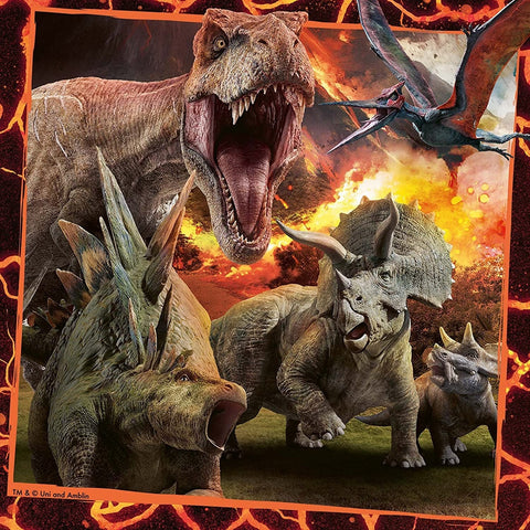 Dinozaurų servetėlės su T. rex priekyje ir raguotais triceratopsais ant ugningo fono ir oranžinio rėmelio