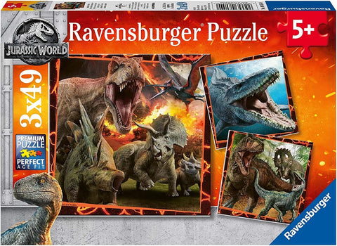 Dėlionė Ravensburger, 3×49 dalių Jurassic World rinkinys su oranžine dėže ir trimis skirtingais dinozaurų paveikslais