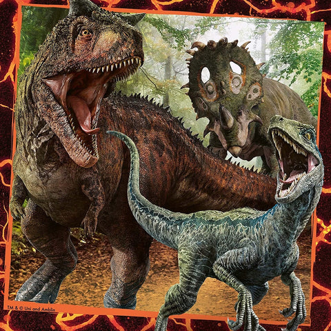 Dinozaurų servetėlės su raudonu ugniniu rėmeliu, miško fonu ir trimis skirtingais dinozaurų piešiniais