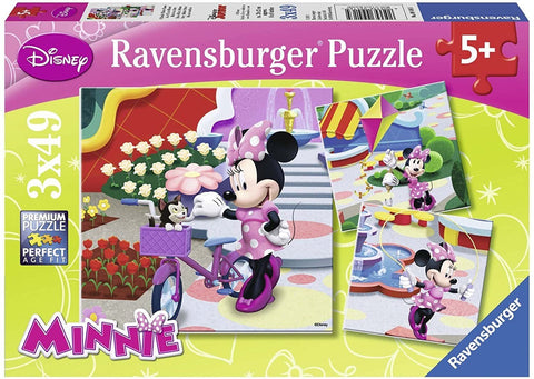 dėlionė Ravensburger Minnie (3x49 vnt.), rožinė, Minnie ant dviračio su kačiuku ir dvi papildomos scenos