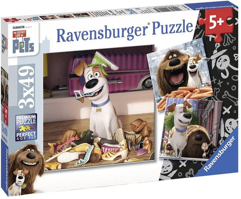 Dėlionė Ravensburger 3x49 dalių, filmo The Secret Life of Pets šuo tarp batų dėžutėje ir du papildomi koliažai
