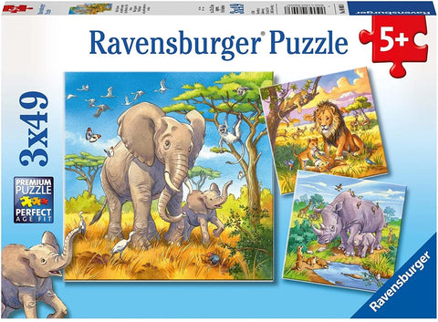Dėlionė Ravensburger 3×49 dalių rinkinys vaikams (5+), trys safario gyvūnų iliustracijos ant pakuotės