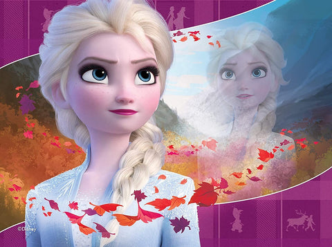 Plakatas Disney Elza žvilgsniu į šoną, šviesiai melsva ir violetinė paletė, rudeninių lapų motyvas ir permatomas atspindys
