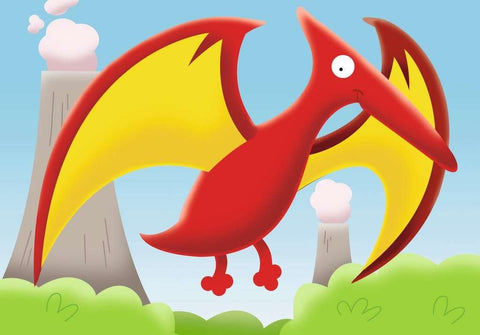Pliušinis pterodaktilas žaislas, raudonas su geltonais sparnais, 30 cm, minkštas ir saugus vaikams, parodytas priekinis kampas