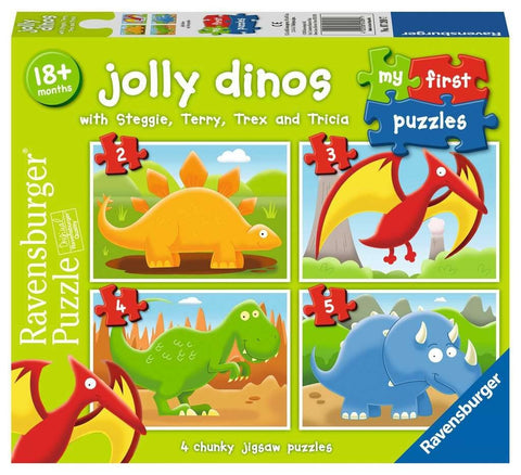 Dėlionė Ravensburger vaikams žalia pakuotė su keturiomis storiomis dinozaurų dėlionėmis (2–5 detalės), 18+ mėn.
