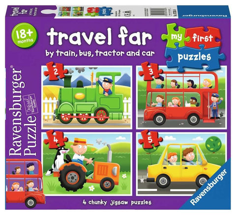 Ravensburger dėlionė violetinėje dėžutėje, 4 didelės vaikiškos dėlionės: traukinys, autobusas, traktorius ir geltonas automobilis, 18+ mėn.