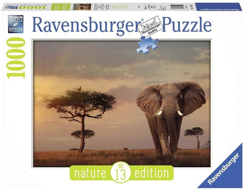 Dėlionė Ravensburger 1000 detalių, dėžutės priekinėje dalyje dramblio ir akacijų saulėlydžio scena
