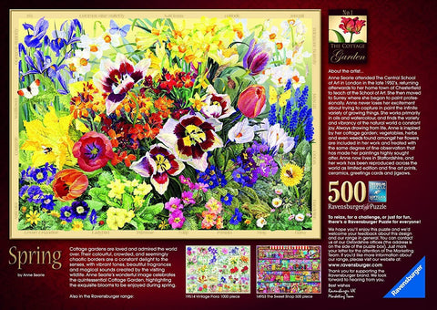 Dėlionė Ravensburger 500 dalių „Spring“ – spalvingas Anne Searle pavasario gėlių piešinys ant dėžutės su aprašymu ir miniatiūromis