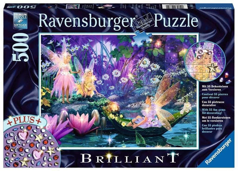 Ravensburger 500 dalių dėlionė Brilliant – pasakų fėjų scena ant vandens su žėrinčiomis dekoratyvinėmis akutėmis