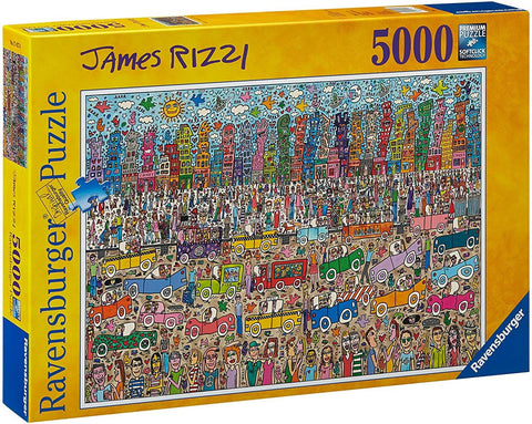 Dėlionė Ravensburger 5000 dalių, James Rizzi spalvingas miesto ir automobilių piešinys ant geltonos dėžutės