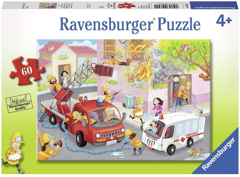 Dėlionė Ravensburger 60 detalių vaikams (4+), spalvinga gaisrininkų gelbėjimo scena su raudonu gaisriniu automobiliu ir ambulansija