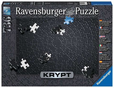 Dėlionė Ravensburger Krypt, 1296 dalių — juoda apskrita forma be paveikslo, pakuotės priekinis dizainas su keliais gabalėliais