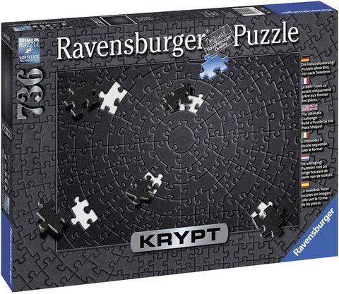 Ravensburger dėlionė Krypt 396 dalių juoda pakuotė su apskritu fragmentu ir unikalių formų detalėmis