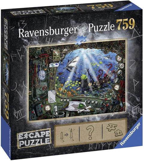 Dėlionė Ravensburger 759 dalių ant dėžutės – priekinis iliustravimas su povandenine scena, rykliais ir ryškiomis žuvimis