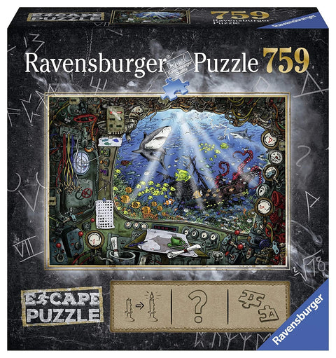 Puzlė Ravensburger 759 detalių, dėžutės priekinė iliustracija per povandeninio laivo langą: ryklys, laivo nuolaužos ir spalvingi žuvų pulkai