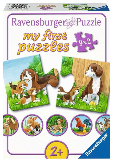 Ravensburger dėlionė vaikams 9x2 dalys, pakuotė su šuniukų ir kitų gyvūnų iliustracijomis, skirta 2+ metų