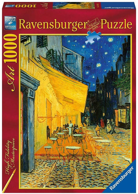Dėlionė Ravensburger 1000 detalių su Van Gogho Kavinės terasa naktį meniniu atvaizdu, raudona dėžė