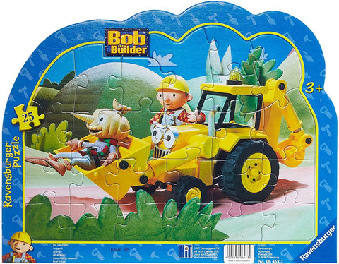 Dėlionė Ravensburger 25 dalių su geltonu buldozeriu ir Bobu Statybininku, priekinis planas, debesies formos mėlynas rėmas