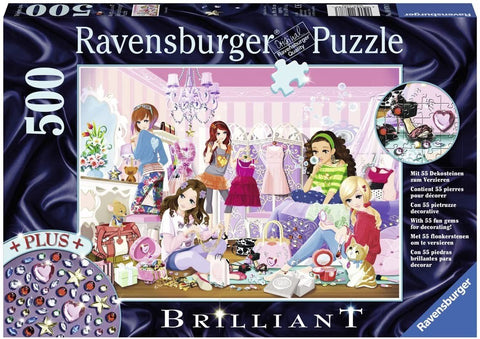 Dėlionė 500 det., Ravensburger — mergaičių mados kambarys su 55 dekoratyvinėmis akmenėlėmis ir artimu brangakmenų planu