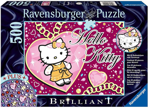 Hello Kitty dėlionė Ravensburger, 500 dalių, rožinė širdies motyvo kompozicija su auksine suknele ir blizgančiais dekoratyviniais akmenėliais komplekte