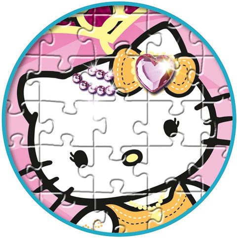 Hello Kitty dėlionė apskrita rožinė su blizgiu rožiniu širdelės sagės papuošimu ir perlų karoliukais, skirta vaikams