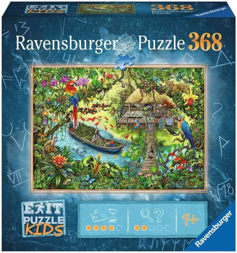 Dėlionė 368 detalių Ravensburger vaikams — ryški džiunglių scena su nameliu ant vandens, valtimi ir paukščiais