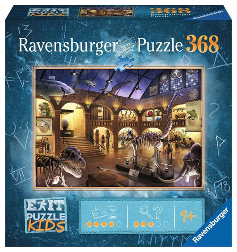 Ravensburger galvosūkis 368 dalių, muziejaus su dinozaurų skeletais iliustracija ant mėlynos prekės dėžutės priekio