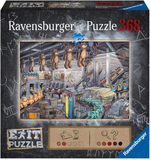Ravensburger dėlionė 368 det., dėžutės priekinė pusė – žaislų fabriko konvejeris su kabančiais meškiukais ir tamsiu kreidiniu rėmu