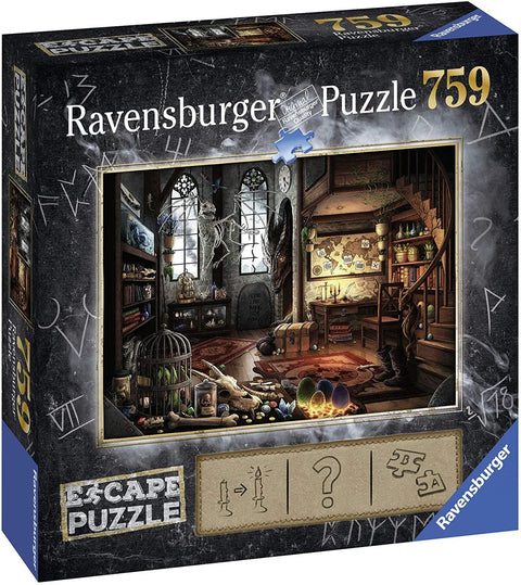 Ravensburger dėlionė, 759 det., Escape Puzzle serija — dėžutės priekinis viršelis su mistiniu mago kambariu ir paslėptais objektais