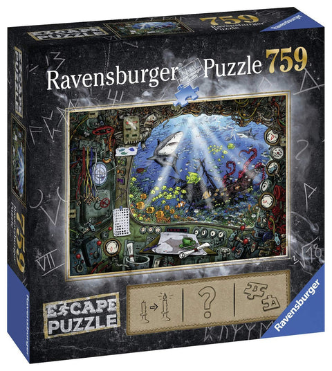 Dėlionė Ravensburger 759 dalių Escape Puzzle, dėžutės priekinė pakuotė su povandeninio valdymo kambario ir jūros gyvūnų scena