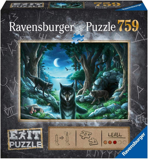 Dėlionė Ravensburger 759 detalių, mėnulio nakties miško scena su vilkais, pateikta ant dėžutės priekinio dangčio