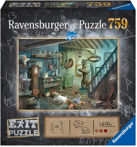Dėlionė Ravensburger 759 detalių, iliustruota palėpės scena su stovinčiu lokiu, interjeru ir eksponatais