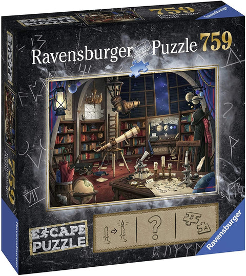 puzlė Ravensburger 759 su observatorijos scena — teleskopais, knygų spintomis, žvaigždėtu langu ir Escape Puzzle žyma