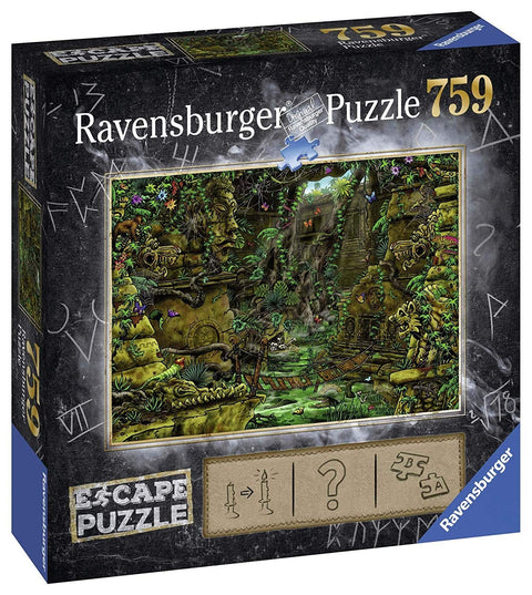 Dėlionė Ravensburger 759 detalių — dėžės priekinė pusė su atogrąžų šventyklos iliustracija, tilteliu ir užuominų juosta