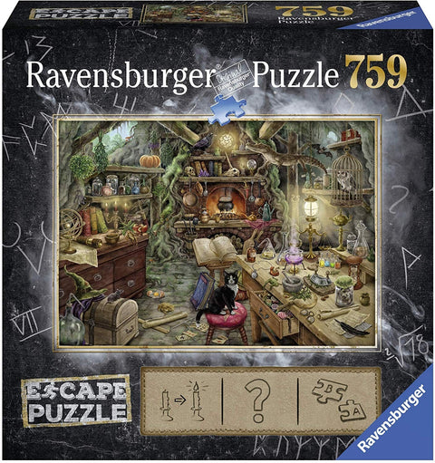 Dėlionė Ravensburger 759 dalių Escape Puzzle su paslaptinga raganos dirbtuvės scena, pakuotės priekinė iliustracija