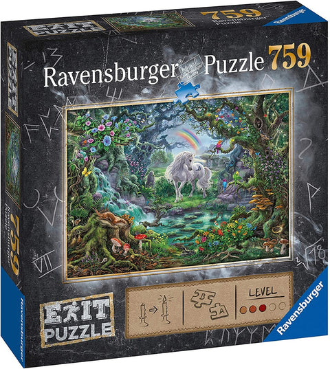 Dėlionė Ravensburger 759 detalių, dėžutės priekyje magiškas miško paveikslas su vienaragiu ir vaivorykšte.