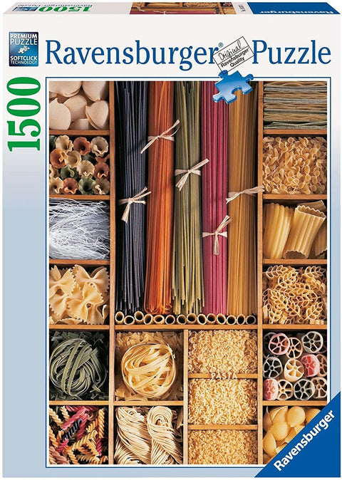 Puzzle Ravensburger 1500 dalių su spalvotu įvairių makaronų asortimentu ir medinių skyrių kompozicija