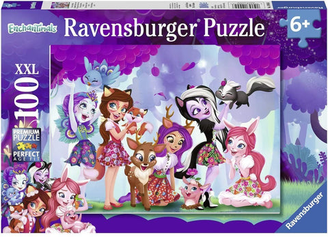 Dėlionė Ravensburger XXL 100 det., violetinė Enchantimals dėžutė su pasakų gyvūnėlių iliustracija, tinka nuo 6 m.