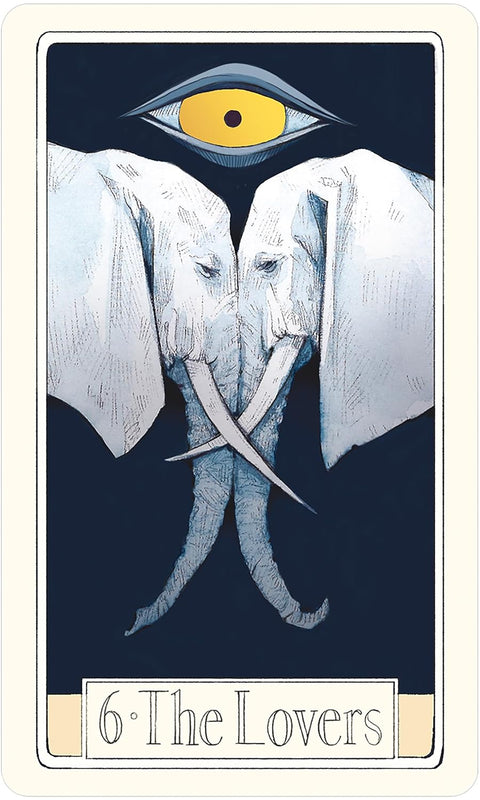 tarot korta The Lovers su dviem susiliejusiais drambliais, geltonu akies simboliu viršuje ir tamsiai mėlynu fonu