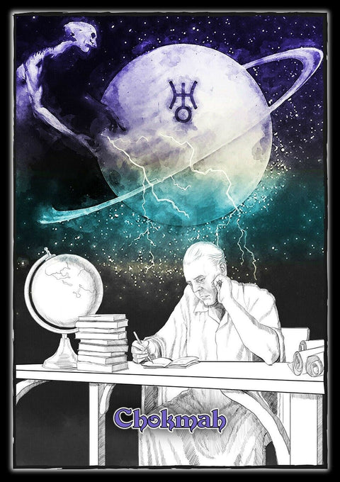 Plakatas Chokmah, akvarelinis mėlyno ir turkio planetos su žaibais ir simboliu, pieštinė mąstytojo figūra prie stalo, 30×45 cm