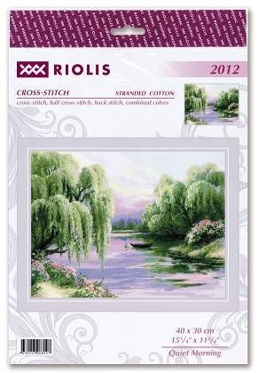 Kryželių rinkinys Riolis Quiet Morning 40×30 cm, pakuotėje peizažo modelio peržiūra su upe ir drebulėmis