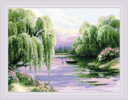 peizažo paveikslas ant drobės, violetinių ir žalių atspalvių, su nukarusiais gluosniais, valtimi prie upės, 60×80 cm