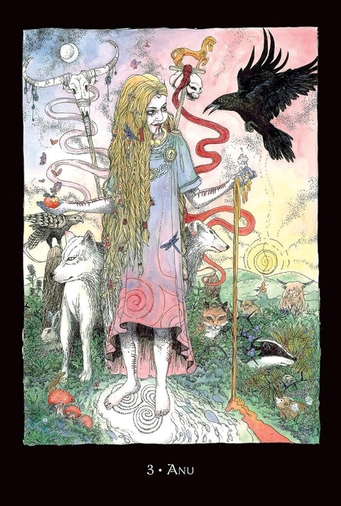 Tarot korta Anu, numeris 3 — pastelinių spalvų iliustracija priekinio plano su mergina, gyvūnais ir raguotu simboliu